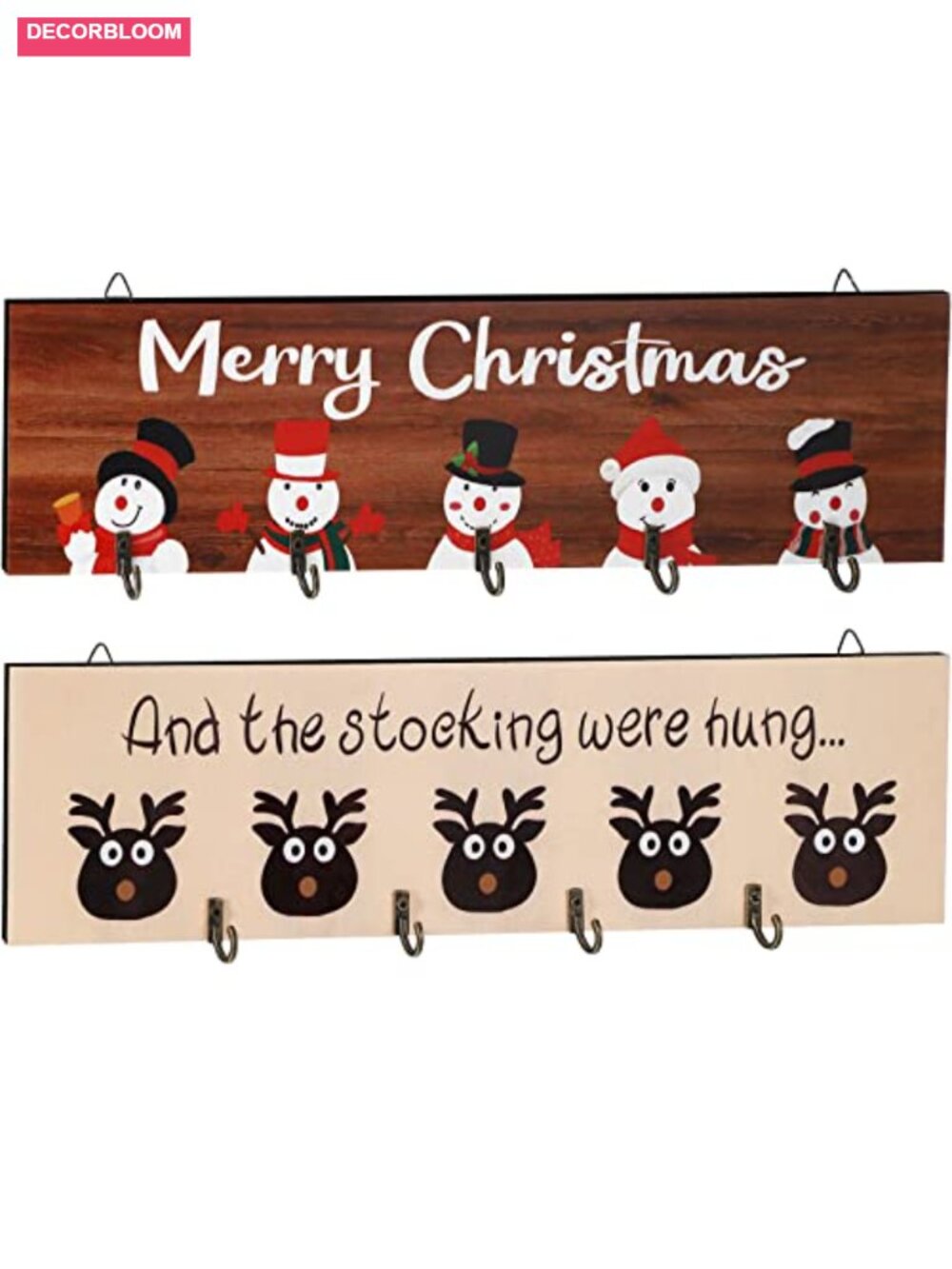 2 Pc Wood Christmas Stocking Holders Wall Sign Hangers with 10 Hooks